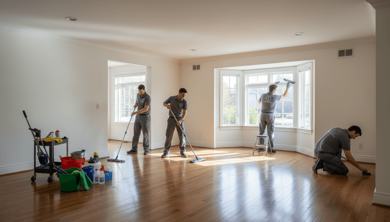 Professional cleaning team deep cleaning spacious empty residential apartment with natural light